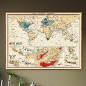 Mappa dei paesi produttori di caffè, mappa del caffè vintage del mondo, grande stampa della mappa del caffè