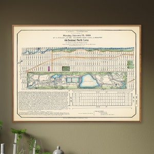 Central Park, New York City: lotti in vendita - stampa di mappe d'epoca, arte murale storica di New York