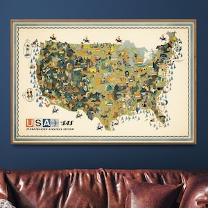 Scandinavian Airlines - impression de carte vintage des États-Unis, affiche de carte illustrée SAS Mid-Century, cadeau d'art mural scandinave pour la maison