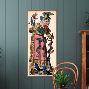 Czarownica pokazująca rękę kart - plakat vintage, wysoki i wąski, prezent na ścianę do domu