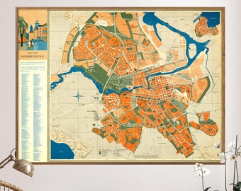 Norrköping, Sweden - Vintage Map Print, Mid-Century Map Poster, Wall Art Home Gift