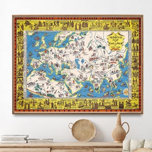 Middeleeuwse vintage kaartafdruk oost en west, poster historische kaart, muurkunst cadeau voor thuis