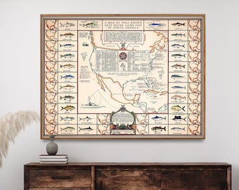 Vintage Saltwater Fish Map of North America: 1936 Art Print