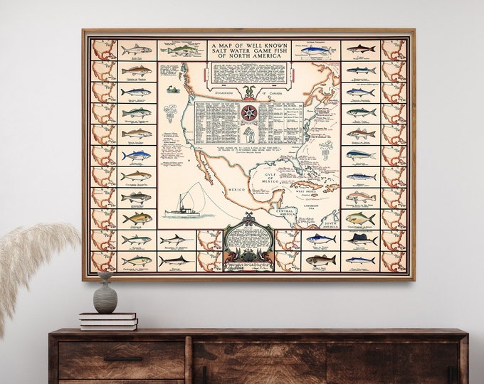 Vintage Fishing Map of North America| Fishing Gifts for Men| Fish Art Decor| Salt Water Fish Map