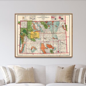 Impression de carte vintage de l'État du Wyoming| Décoration murale carte du Wyoming| Art mural cadeau pour la maison du Wyoming