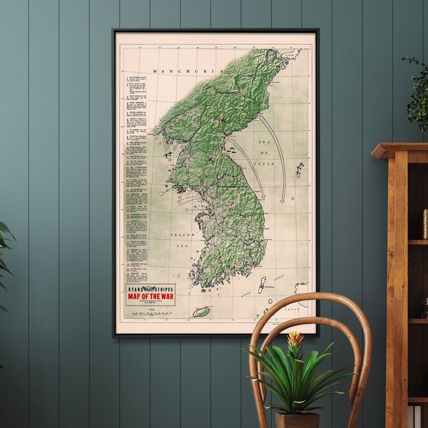 Korean War Vintage Map Print| North And South Korea Conflict Wall Art| Cold War Era Poster