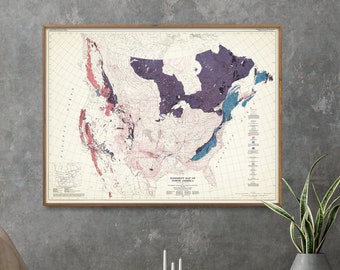 May include: A vintage map of North America with a brown wooden frame. The map is printed on white paper and shows the geological formations of the continent in shades of pink, purple, and blue.