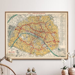 Paris Subway System Vintage Map Print| Paris Metropolitan Map Poster| Wall Art Home Gift