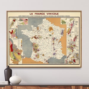 Carte des vins de France| Vignobles en France| Salle à manger, restaurant, cuisine| Décoration, affiche, art mural, cadeau, gros caractères