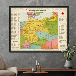 Impression de carte vintage des camps de prisonniers américains de la Seconde Guerre mondiale | Affiche de carte des prisonniers de guerre de la Seconde Guerre mondiale | Art mural militaire