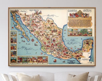 Pictorial Map of Mexico| Mexico Map| Mexico Old| Mexico Wall Art| Mexico Poster| Mexico Gift| Mexican Decor