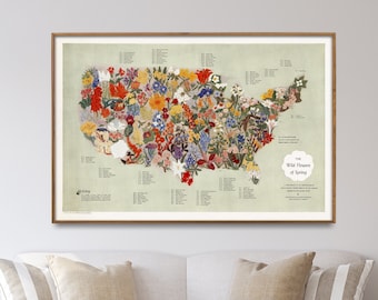 Wild Flowers Vintage USA Map Print / Spring Flowers Map Poster / US Flowers Chart Wall Art