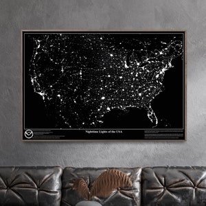 Night Time Lights of the USA Vintage Map Print| Black & White Poster| Space Wall Art
