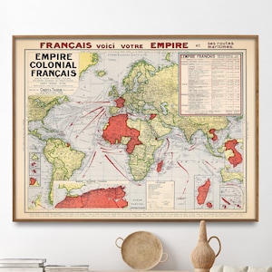 Stampa mappa d'epoca dell'Impero coloniale francese, poster mappa della Francia imperiale, arte murale storica, regalo per la casa
