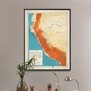 Puede incluir: Un mapa enmarcado de Perú con un marco negro, que muestra las regiones de cultivo de coca y las áreas de producción de cocaína. El mapa está colgado en una pared gris claro sobre un escritorio de madera con una silla de alambre negro, una lámpara y un jarrón con vegetación.