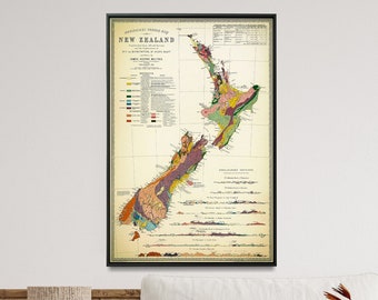 Carta geologica della Nuova Zelanda, mappa geologica della Nuova Zelanda, mappa geologica vintage, stampa della Nuova Zelanda, arte murale