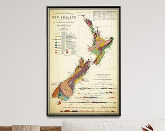 Geological Map of New Zealand| Geologic New Zealand Map| Vintage Geology Map| New Zealand Print, Wall Art