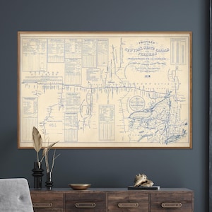 Impression de carte vintage des canaux de l'état de New York, affiche de carte de transport par eau de NY, art mural cadeau pour la maison