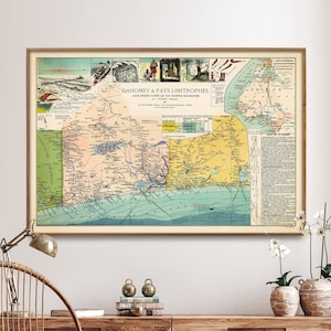 Impression de carte vintage du Royaume du Dahomey, affiche de carte ancienne du Bénin, art mural carte illustrée
