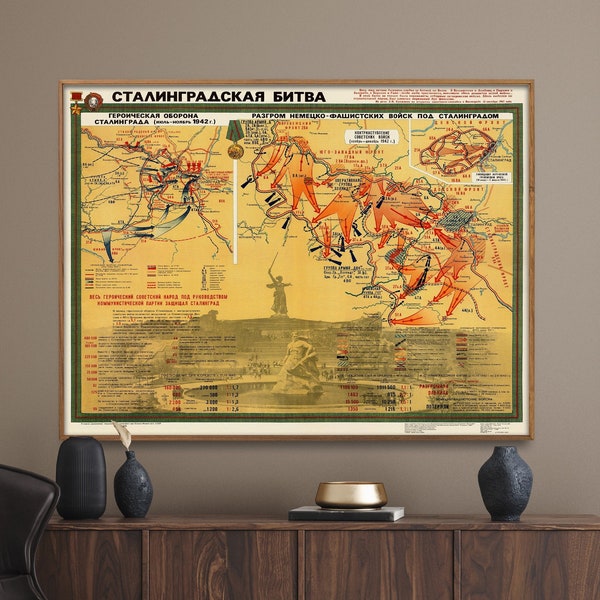 Schlacht von Stalingrad Vintage Landkarte Druck| Sowjetunion WeltkriegSpropaganda Poster| Russische Wandkunst