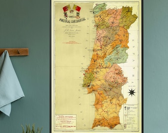 Portugal Vintage Karte Drucken | Alte Landkarte von Portugal| Portugisische Wandkunst Geschenk | Großes Kartenposter