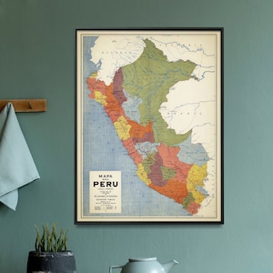 Impression de carte vintage du Pérou | Ancienne carte du Pérou| Décoration d'intérieur péruvienne| Art mural carte du Pérou| Grande affiche de carte
