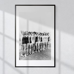 Glamour and Grace: Vintage Black & White Print of Girls Competing for Miss New York City Title