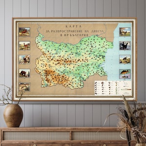 Bulgarien Jagen & Angeln Vintage Karte Drucken | Landkarte Poster | Bulgarische Tierwandkunst