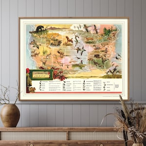 Hunter&#39;s Map of the USA| America Hunting Map| Pictorial Map| US Game Map| Hunting Gift