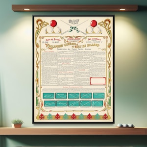 Peut inclure: Une affiche encadrée de billard vintage avec du texte en français, avec des accents rouges et blancs. L'image est affichée au-dessus d'une table de billard avec un jeu de boules et des queues.