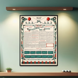 May include: A vintage poster with a green and white background, featuring a set of rules for a game called "Reglamento del Juego". The poster is framed in black and hanging on a green wall above a pool table with green felt and a set of billiard balls.