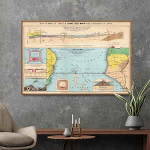 Può includere: Illustrazione di mappa vintage di un tunnel proposto sotto la Manica tra l'Inghilterra e la Francia. La mappa mostra il percorso proposto del tunnel, nonché la geografia circostante. La mappa è intitolata "Plans et Profils de Projet de Tunnel Sous-Marin Entre L'Angleterre et La France".