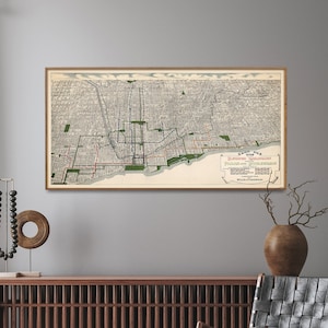Impresión de mapa vintage del metro y parques de Chicago/ Póster de mapa largo y estrecho/ Arte de pared para cama