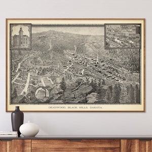 Deadwood, Dakota du Sud - impression vintage de vue plongeante, art mural cadeau pour la maison