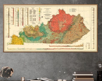 May include: A vintage geological map of Kentucky, showing the state's different rock formations and geological features. The map is printed in a variety of colors, including red, green, yellow, and brown. The map is framed in a wooden frame.