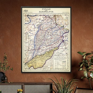 Mapa de Punjab y Bahawalpur / Mapa de Pakistán / Regalo de Punjab / Impresión de Pakistán, Arte mural, Decoración, Póster, Mapa de pared, Regalo de mapa
