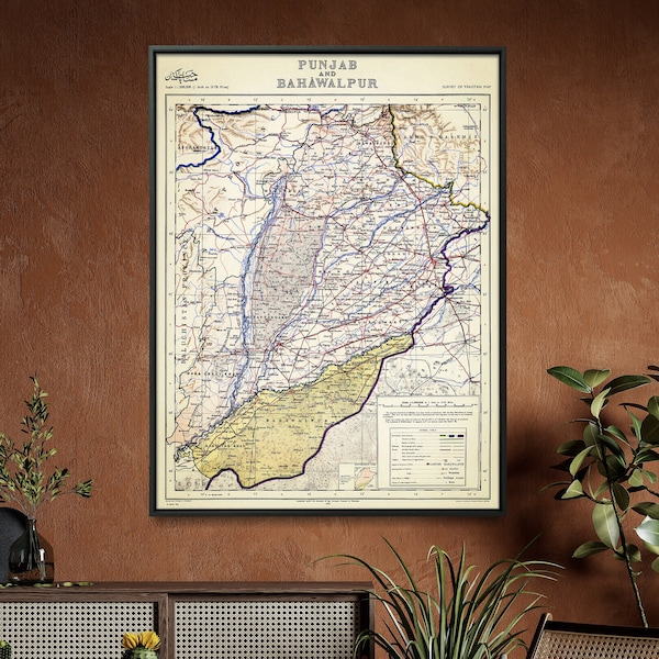 Impresión de mapas de Punjab y Bahawalpur: Arte mural de Pakistán de 1935