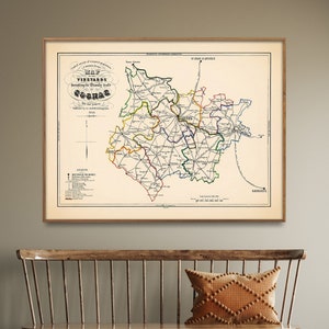 Impresión de mapa vintage de viñedos de coñac y brandy/Póster de mapa de la región vinícola de Francia/Arte mural/Regalo para el hogar