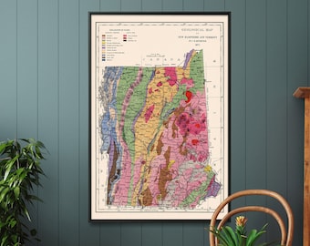 Vintage geologische kaart van New Hampshire en Vermont: 1877 afdruk