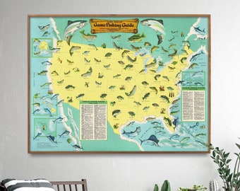 North American Fishing Guide Map Poster| Vintage Usa Fishing Map Print| Fisherman Wall Art Gift