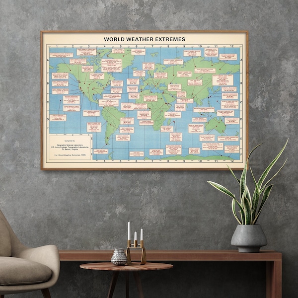 World Weather Extremes| Vintage Map Print| Meteorology World Map Poster| Weatherman Wall Art Gift