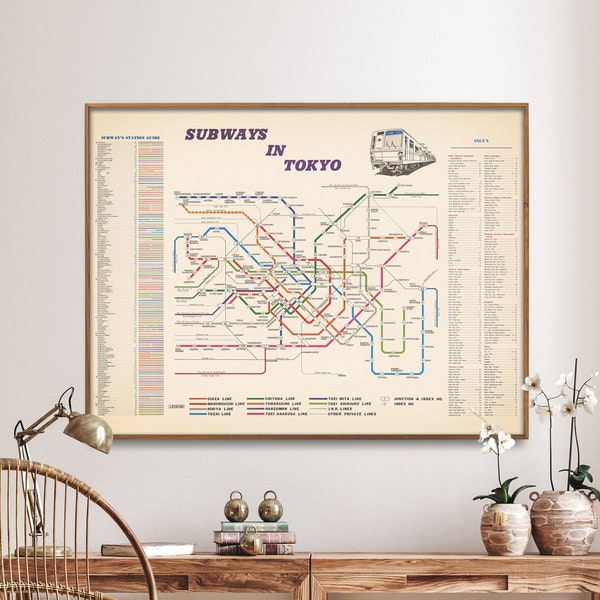 Tokyo Subways Vintage kaart afdrukken | Metrokaartposter| Japan kunst aan de muur decor