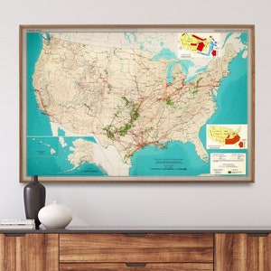 Mappa vintage degli oleodotti e della produzione petrolifera degli Stati Uniti, stampa del poster della mappa delle raffinerie americane