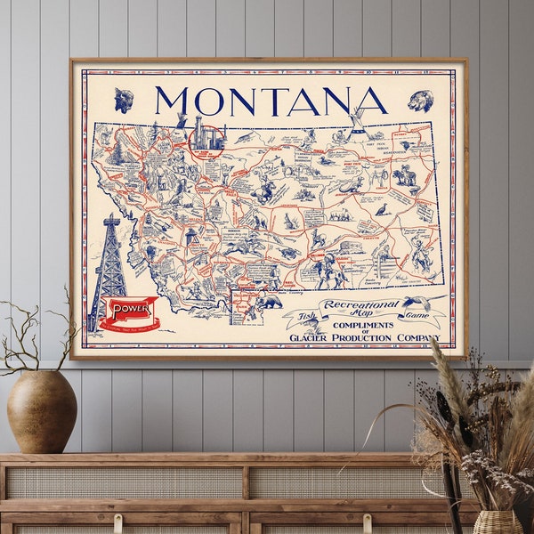 Montana Fishing and Hunting Map Poster| State of Montana Vintage Map Print| Hunter Fisherman Gift