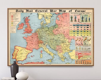 First World War Vintage Europe Map Print| Armies, Navy, Aircraft Statistics Poster| WW1 Wall Art Gift