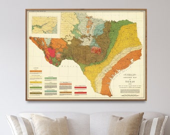 Geological Map of Texas| Texas Geology Map| Vintage Large Map Print| Texas Wall Art