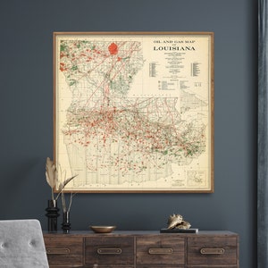 Louisiana Öl und Gas Vintage Karte Drucken | Öl Produktion Karte Poster | Louisiana Ölfelder und Rohre Wandkunst