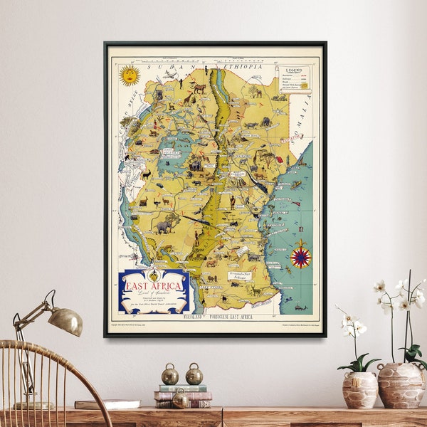 East Africa Vintage Map Print| Safari Poster| African Wall Art Home Gift