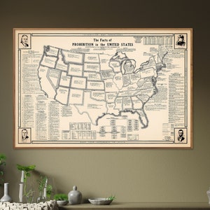 Prohibition: Facts - Vintage Chart Print, US Prohibition Map Poster, Historical Wall Art