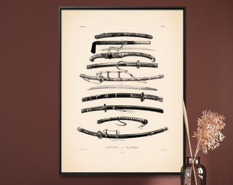 Japanese Swords & Daggers Vintage Chart Print| Samurai Katana Poster| Martial Arts Wall Art Gift